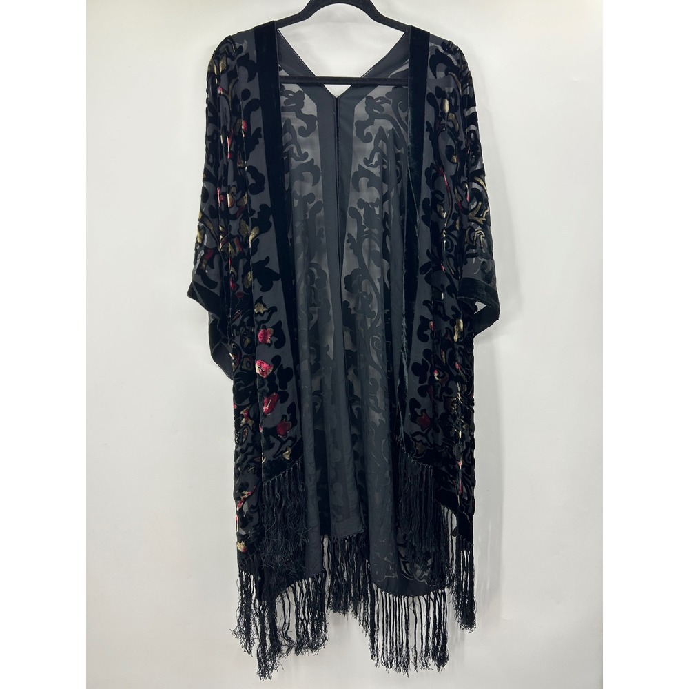 Ethos Silk Blend Burnout Velvet Fringe Kimono Wrap Black Red Gold One Size